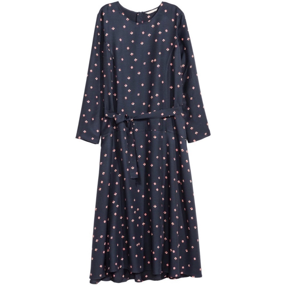 H&M | Lyocell Blend Belted Midi Dress Navy Floral